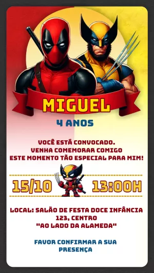 Convite Aniversário Deadpool & Wolverine para Editar Online