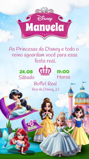Convite de Aniversário Princesas Disney para Editar Online