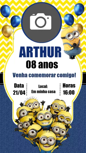 Convite de Aniversário Minions com Foto para Editar Online