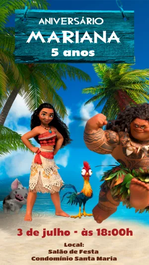 Convite de Aniversário Moana com Personagens para Editar Online