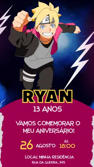 Convite de Aniversário Boruto para Editar Online e Imprimir
