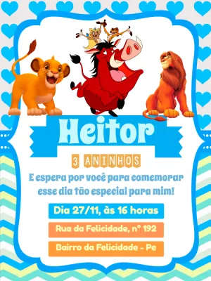 Convite de Aniversário Rei Leão com Personagens para Editar