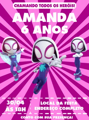 Convite Aniversário Gwen Spidey e Amigos para Editar Online
