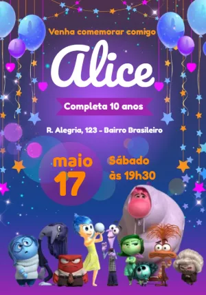 Convite de Aniversário Divertida Mente 2 com a Turma para Editar
