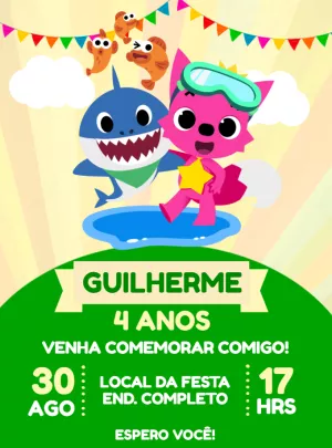 Convite de Aniversário Baby Shark com Personagens para Editar