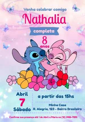 Convite Aniversário Stitch e Angel Floral para Editar Online