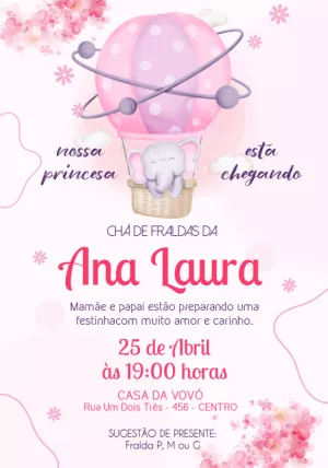 Convite Chá de Fraldas Elefantinha Baloeira para Editar Online