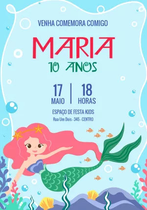 Convite de Aniversário Sereia Fundo do Mar para Editar Online