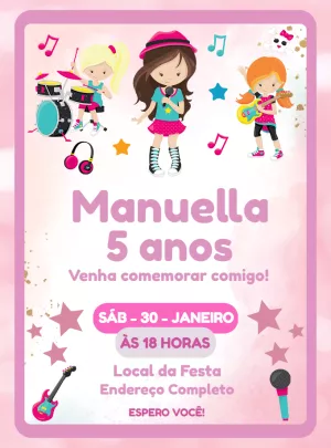 Convite Aniversário Rock Star Menina para Editar Online