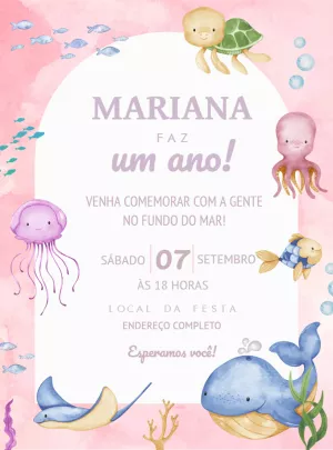 Convite Aniversário Fundo do Mar Aquarela para Editar Online