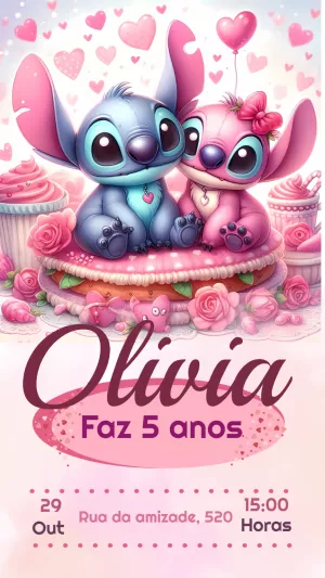 Convite Aniversário Stitch e Angel Fofo para Editar Online