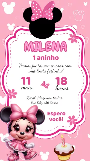 Convite Aniversário Minnie Baby Rosa para Editar Online
