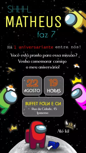 Convite de Aniversário Among Us com Personagens para Editar