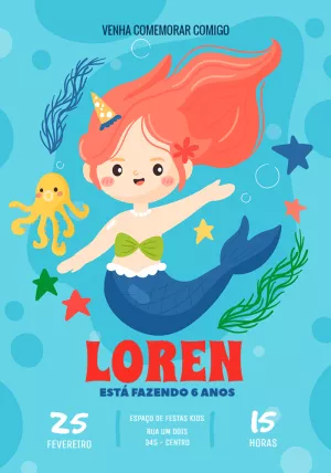 Convite de Aniversário Sereia Fundo do Mar para Editar Online