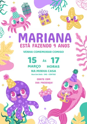Convite Aniversário Fundo do Mar Animais Fofos para Editar