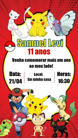 Convite de Aniversário Pokémon com Personagens para Editar Online