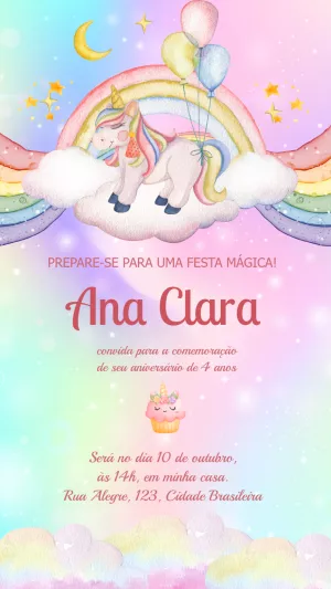 Convite de Aniversário Unicórnio Mágico para Editar Online