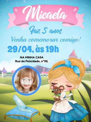 Convite Aniversário Cinderela com Foto para Editar Online