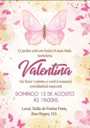 Convite de Aniversário Borboletas Rosa e Dourado para Editar