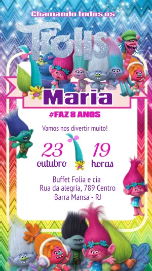 Convite de Aniversário Trolls com Personagens para Editar Online