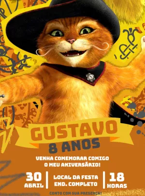 Convite de Aniversário Gato de Botas para Editar Online