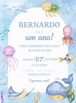 Convite Aniversário Fundo do Mar Aquarela para Editar Online