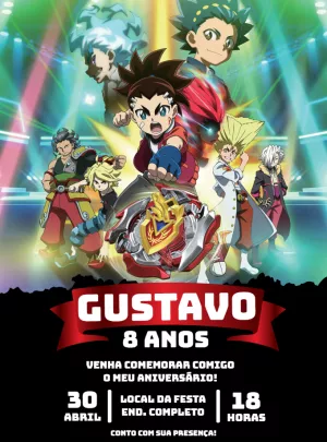 Convite de Aniversário Beyblade com Personagens para Editar