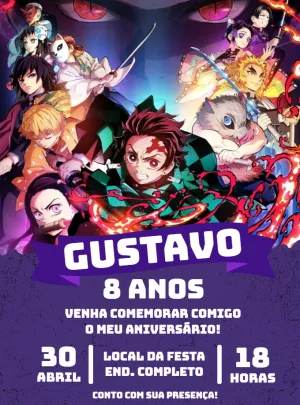 Convite de Aniversário Demon Slayer com Personagens para Editar
