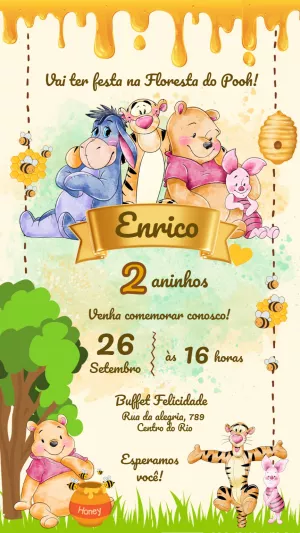 Convite Aniversário Ursinho Pooh Aquarela para Editar Online