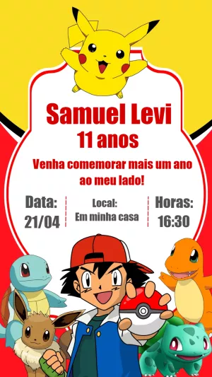 Convite Pokémon para Festa de Aniversário Editável Online