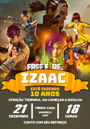 Convite de Aniversário Free Fire com Personagens para Editar