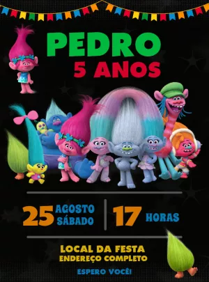 Convite de Aniversário Trolls com Personagens para Editar