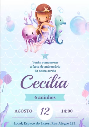 Convite de Aniversário Sereia Fofa para Editar e Imprimir