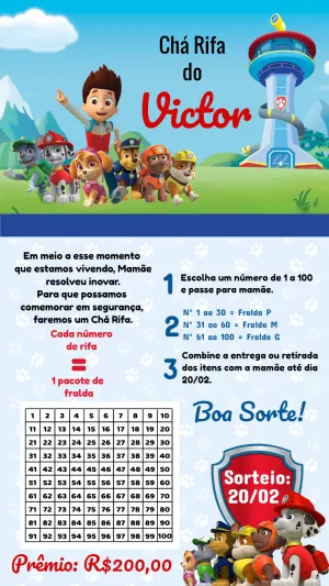 Convite Chá Rifa Patrulha Canina para Editar Online e Imprimir