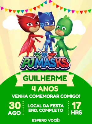 Convite de Aniversário PJ Masks para Editar Online com Heróis