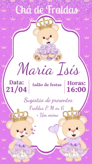 Convite Chá de Fraldas Ursinha Princesa para Editar Online