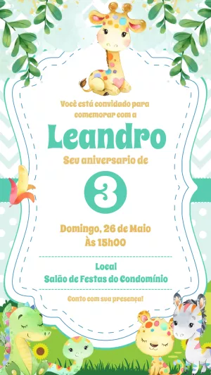 Convite de Aniversário Safari com Animais Fofos para Editar