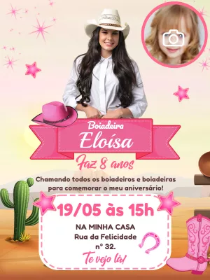 Convite de Aniversário Boiadeira com Foto para Editar Online