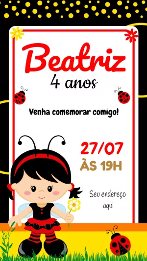Convite de Aniversário Joaninha Menina para Editar Online