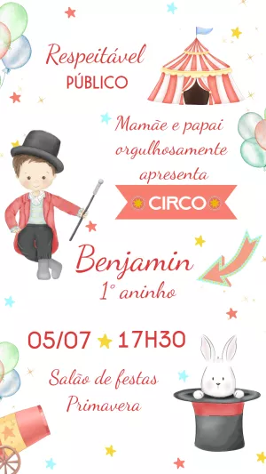 Convite de Aniversário Circo com Mágico para Editar Online