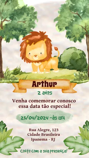 Convite de Aniversário Safari Leão Fofo para Editar Online