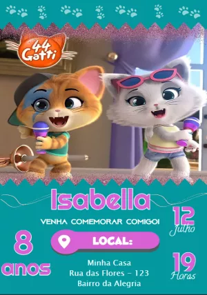 Convite de Aniversário 44 Gatos para Editar Online