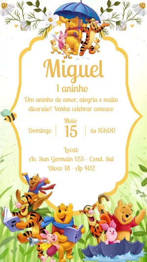 Convite de Aniversário Ursinho Pooh e Turma para Editar Online