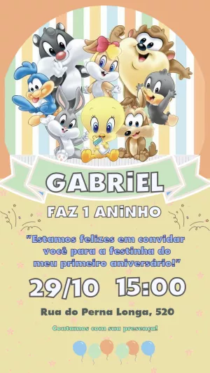 Convite Aniversário Looney Tunes Baby para Editar Online