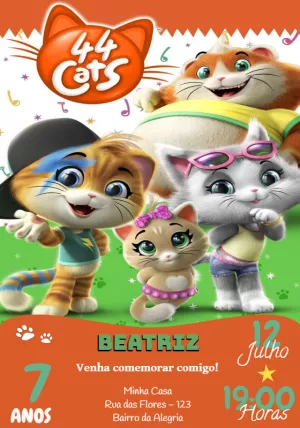 Convite de Aniversário 44 Gatos Editável com Personagens