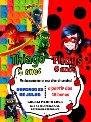 Convite Aniversário Duplo Ninjago e Miraculous para Editar