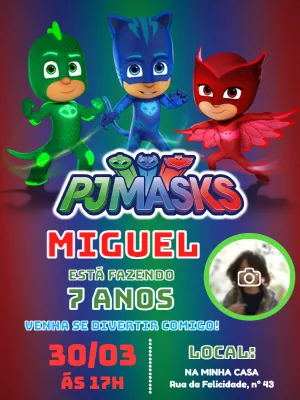Convite de Aniversário PJ Masks com Foto para Editar Online