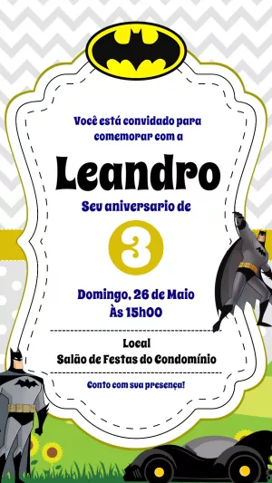 Convite de Aniversário Batman com Batmóvel para Editar Online
