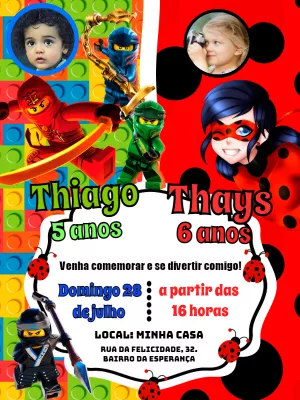 Convite Aniversário Duplo Ninjago e Miraculous para Editar