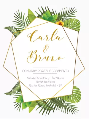 Convite de Casamento Tropical com Folhagens para Editar Online